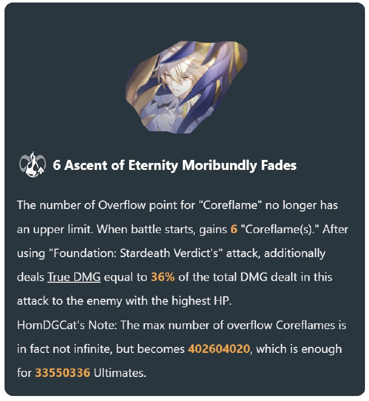 「HSR 3.4」😋 Fun fact about Phainon's E6[HomDGCat] #HSRhomdgcat.wiki/sr/char/1408The max number of overflow Coreflames is in fact not infinite.