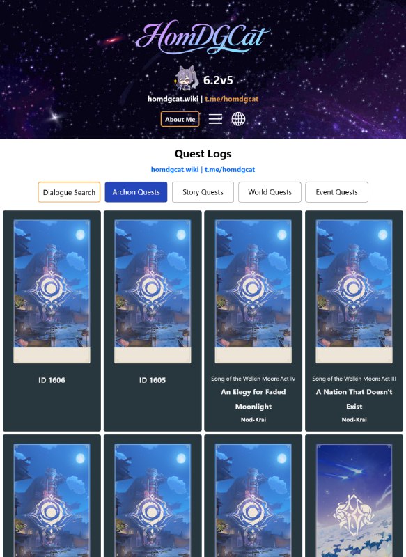 「原」😘 玉衡杯新功能：原神全剧情记录• 包含全游戏所有魔神任务、传说任务、部族记闻、大型世界任务、活动任务• 包含每个章节的角色台词数统计和全部对话#妮可少女 #原神homdgcat.wiki/gi/quests「GI」😘 HomDGCat Wiki new feature: Quest Logs• Includes all Archon Quests, Story Quests, Tribal Quests, Large World Quests and Event Quests• Includes character line count and all dialogues for every chapter#HomDGCat #GIhomdgcat.wiki/gi/quests