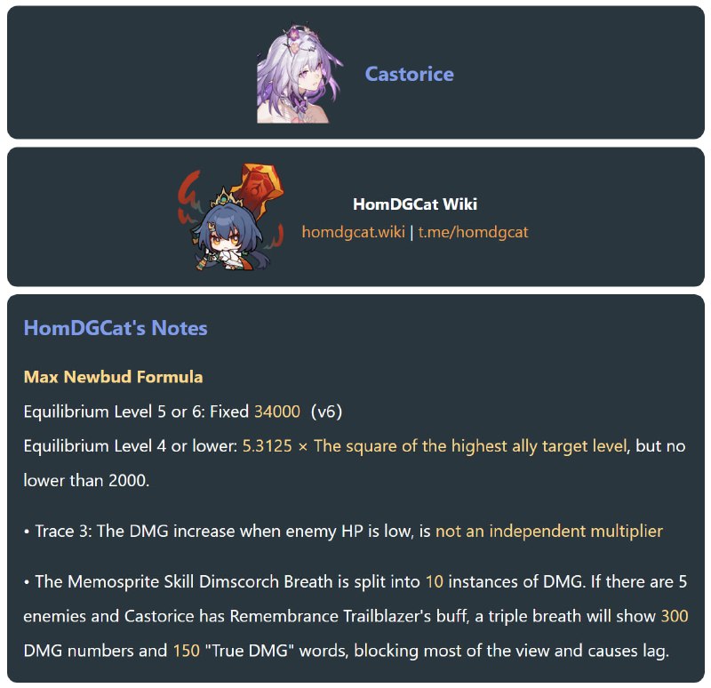 「HSR 3.2v6」😘 Castorice Max Newbud Change[HomDGCat] #HSRhomdgcat.wiki/sr/1407Equilibrium Level 5 or 6: Fixed (32000 → 34000)Equilibrium Level 4 or lower: (5 → 5.3125) × The square of the highest ally target level, but no lower than 2000.
