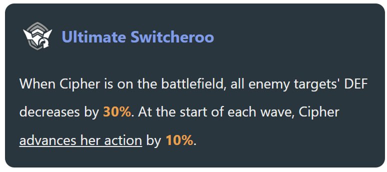 「HSR 3.3v1」😘 Cipher Trace DEF reduction bug[HomDGCat] #HSRhomdgcat.wiki/sr/effectCipher's Trace DEF reduction is a removable debuff, so when bosses change phase they dispel this debuff.