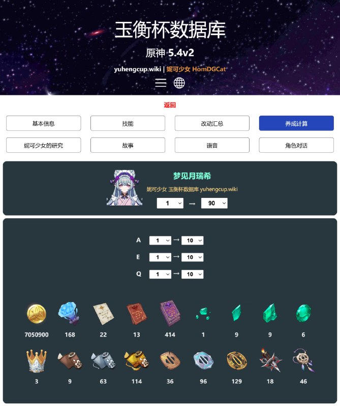 「原 / 铁」😘😋 玉衡杯数据库新功能：养成计算器支持任意设定的技能等级、角色突破等级、行迹解锁情况同时修复了之前部分角色显示的材料数量错误的问题#妮可少女 #原神homdgcat.wiki/gi/charhomdgcat.wiki/sr/char