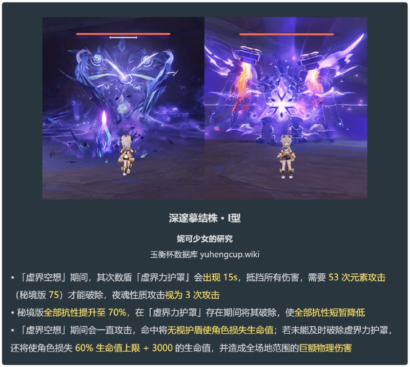 「原 5.2v2」新BOSS机制：深邃摹结株妮可少女 #原神homdgcat.wiki/gi/monster/21201（平均每秒5次伤害才能破盾）