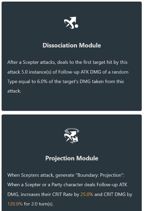 「HSR 2.6」Simulated Universe: Unknowable Domain2.6 Simulated Universe page is now available on HomDGCat Wikihomdgcat.wiki/sr/su#HomDGCat #HSRGameplayThere are no Blessings any more. Instead, you will play with Scepters and Components.Scepters will attack enemies. Some Scepters' DMG are considered Ultimate / Follow-Up / Break DMG.Speed Scepters have fixed SPD and will attack when it's their turn.Charge Scepters will gain energy when characters use Ultimate / FUA / trigger Break / apply DoT, and will attack when energy reaches cap.Components can enhance Scepters.NoteMost descriptions of Scepters and Components use 
