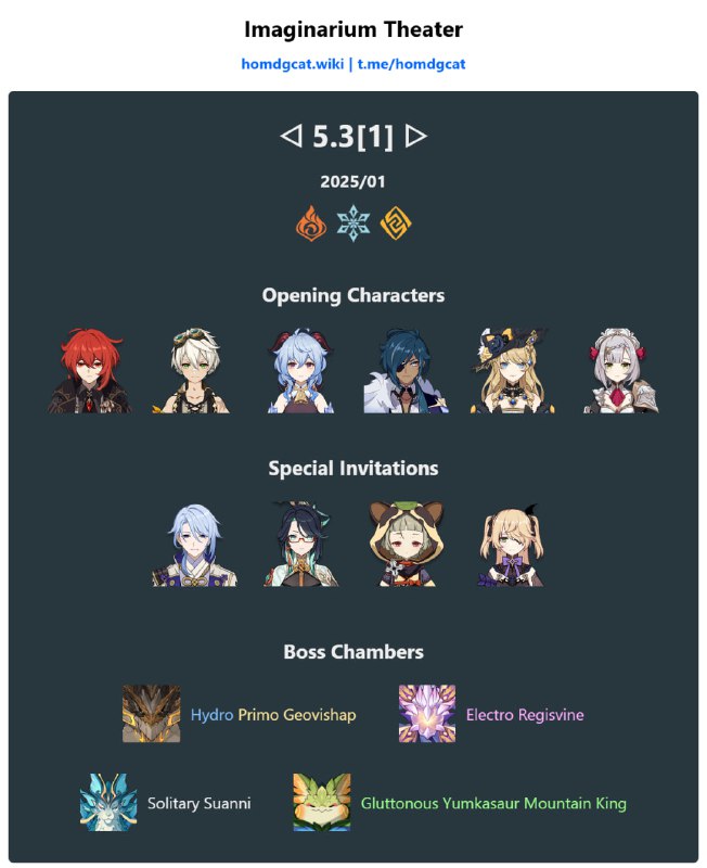 「GI 5.2」January Imagnarium Theater Character Change[HomDGCat] #GIhomdgcat.wiki/gi/mazeMona → AyatoJean → Xianyun