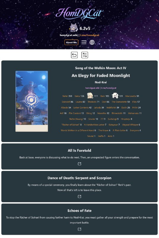 「原」😘 玉衡杯新功能：原神全剧情记录• 包含全游戏所有魔神任务、传说任务、部族记闻、大型世界任务、活动任务• 包含每个章节的角色台词数统计和全部对话#妮可少女 #原神homdgcat.wiki/gi/quests「GI」😘 HomDGCat Wiki new feature: Quest Logs• Includes all Archon Quests, Story Quests, Tribal Quests, Large World Quests and Event Quests• Includes character line count and all dialogues for every chapter#HomDGCat #GIhomdgcat.wiki/gi/quests