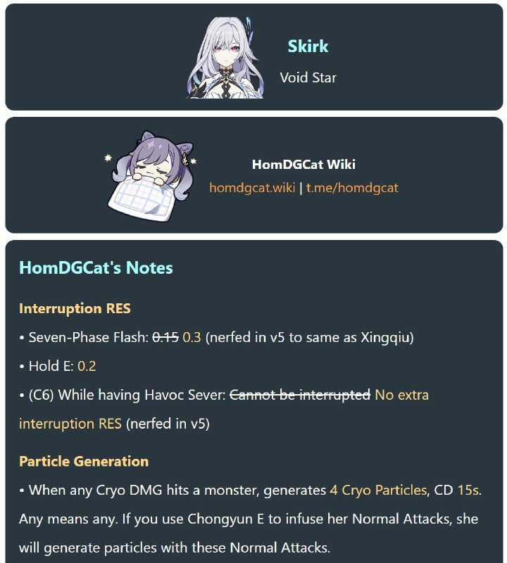 「GI 5.7」😘 Skirk Interruption RES nerf (re-post)[HomDGCat] #GIhomdgcat.wiki/gi/char/114Seven-Phase Flash nerfed from 0.15 to 0.3 (from double Xingqiu to same as Xingqiu)Also, the uninterruptible effect of C6 was deleted. Now C6 provides no extra interruption RES.