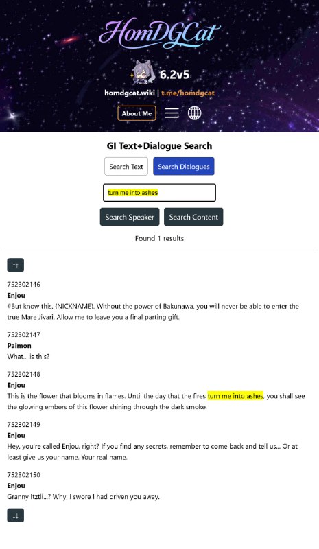 「原」😘 玉衡杯新功能：原神全剧情对话搜索• 包含全游戏所有剧情内的对话，且可以直接查询上一句/下一句#妮可少女 #原神homdgcat.wiki/gi/dialoguehomdgcat.wiki/gi/search「GI」😘 HomDGCat Wiki new feature: Dialogue Search• Includes all dialogues from every quest in the game. Press the arrows to view the previous/next sentence.#HomDGCat #GIhomdgcat.wiki/gi/dialoguehomdgcat.wiki/gi/search