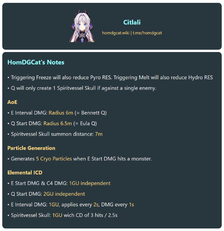 「GI 5.3v1」Citlali Advanced Data: AoE, ICD, Particle Gen[HomDGCat] #GIhomdgcat.wiki/gi/char/Citlali